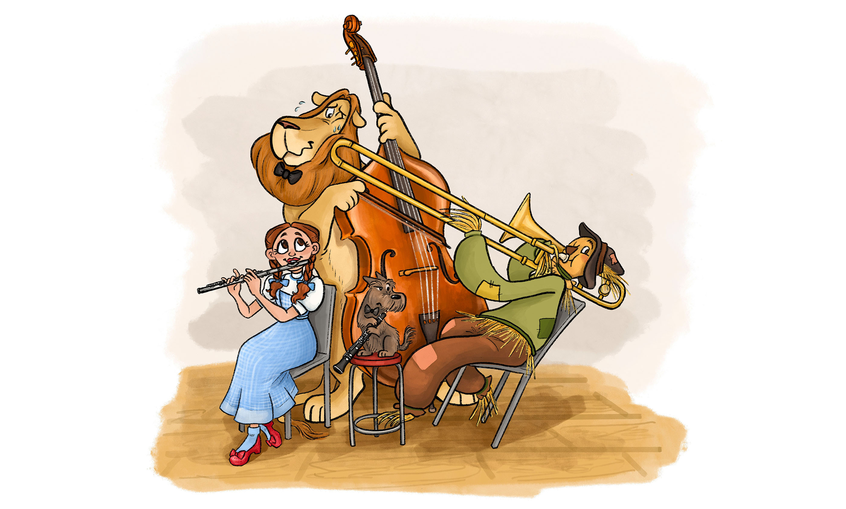 An illustration of Wizard of Oz characters playing instruments.
