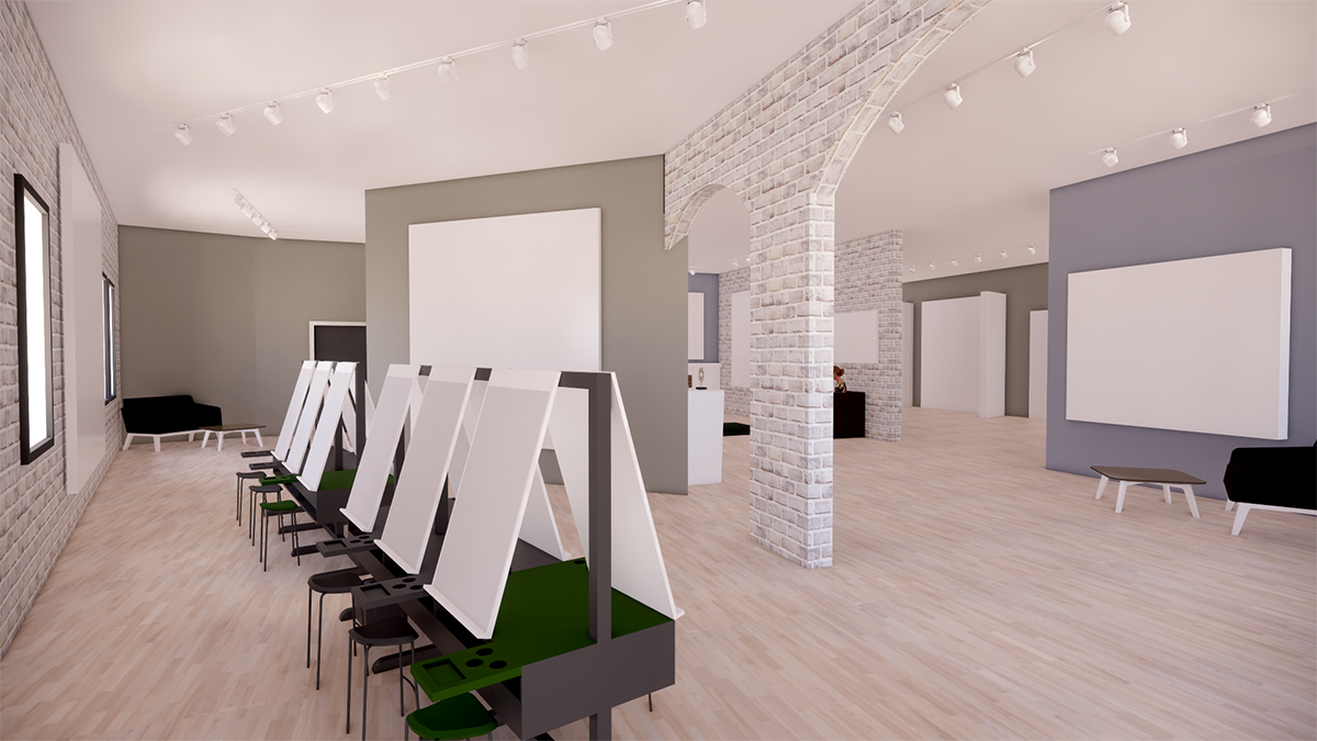A rendering of a bright community gallery space with light colors.