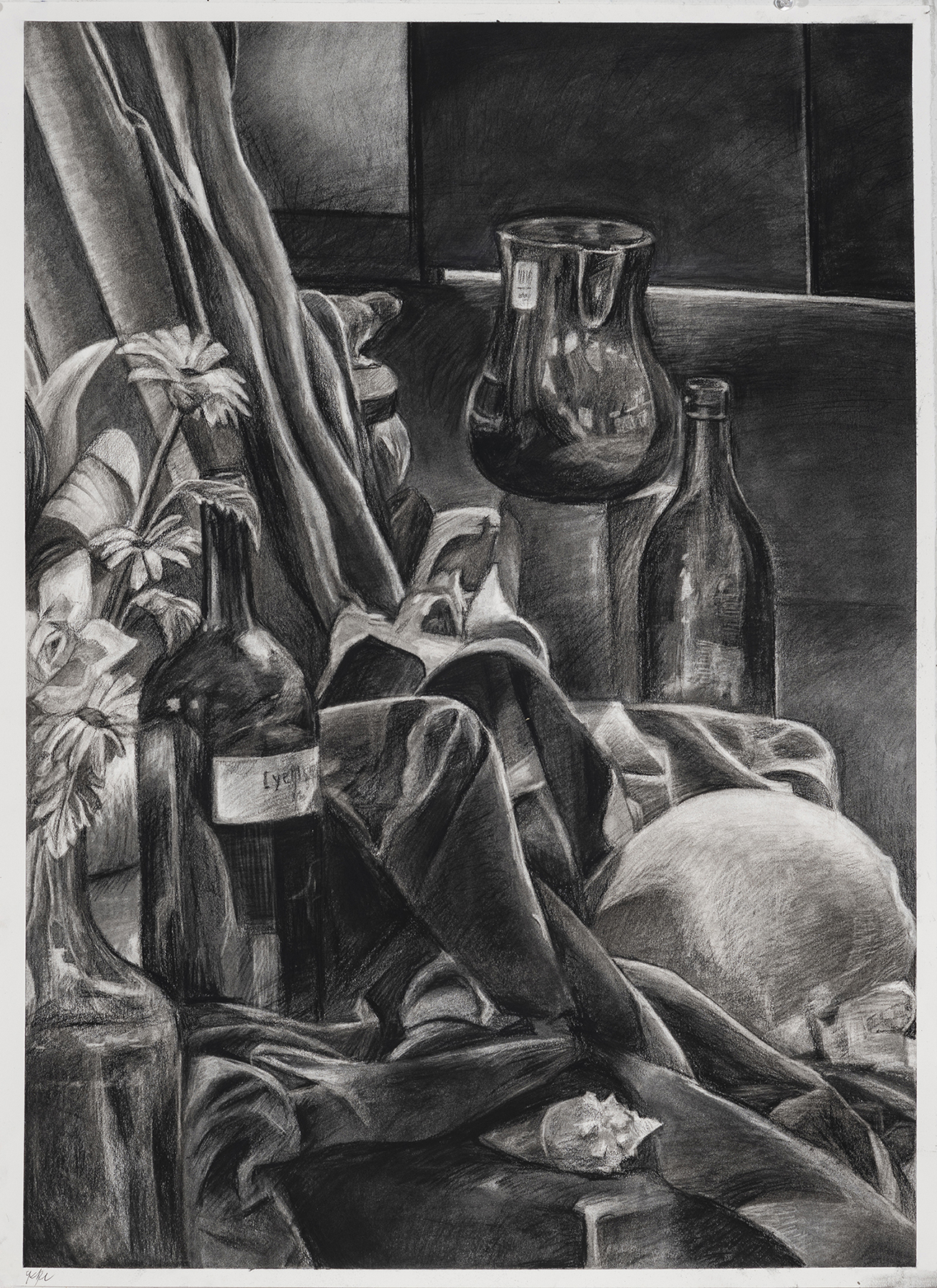 A still-life drawing of flowers, a wine bottle, vase and other objects.