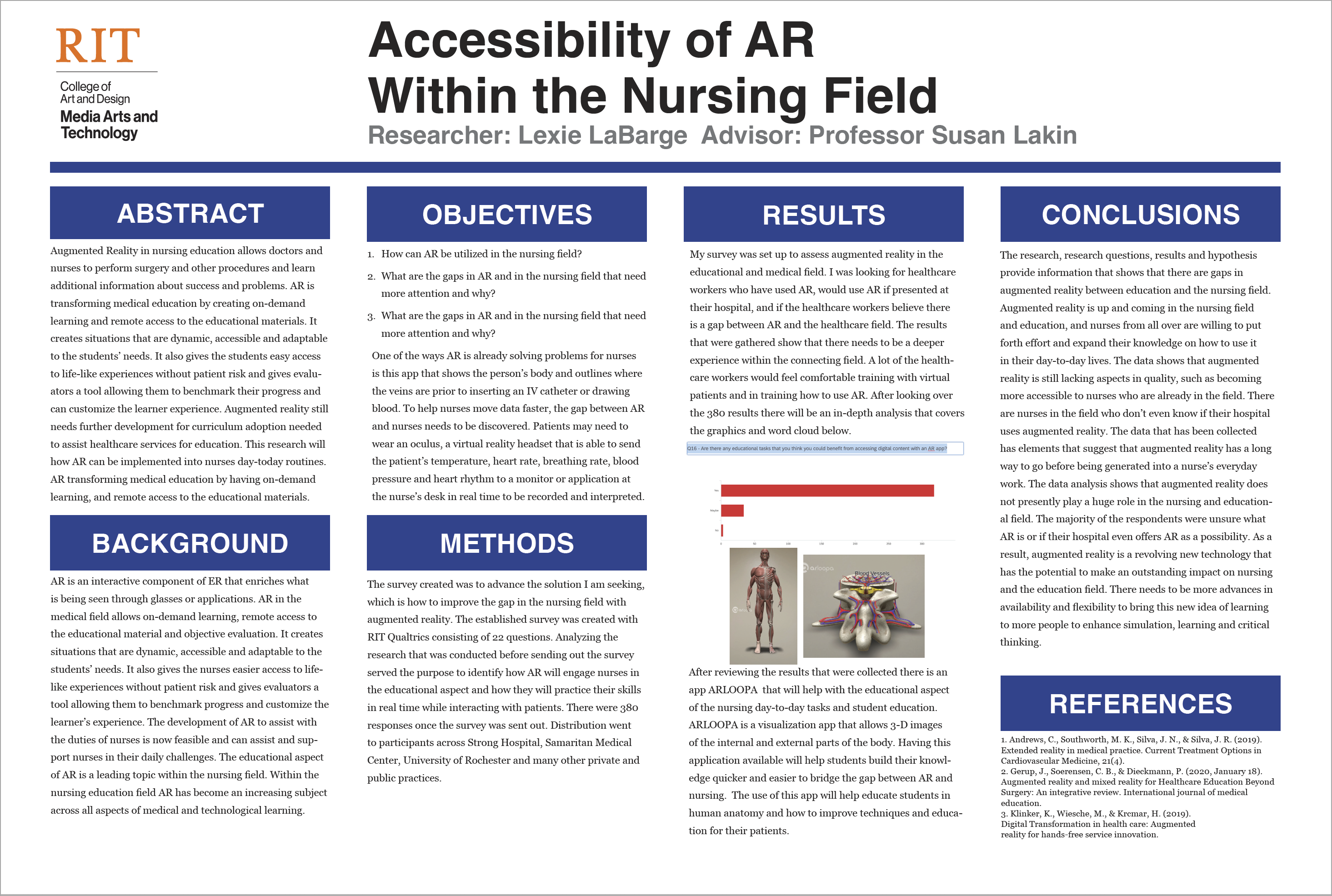 A poster highlighting research on accessibility of AR within the nursing field.
