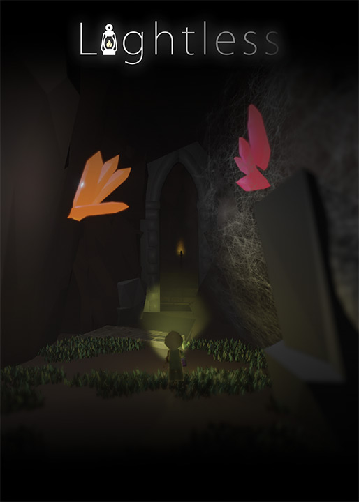 Dark entrance to castle with small character standing in front of it holding a flashlight