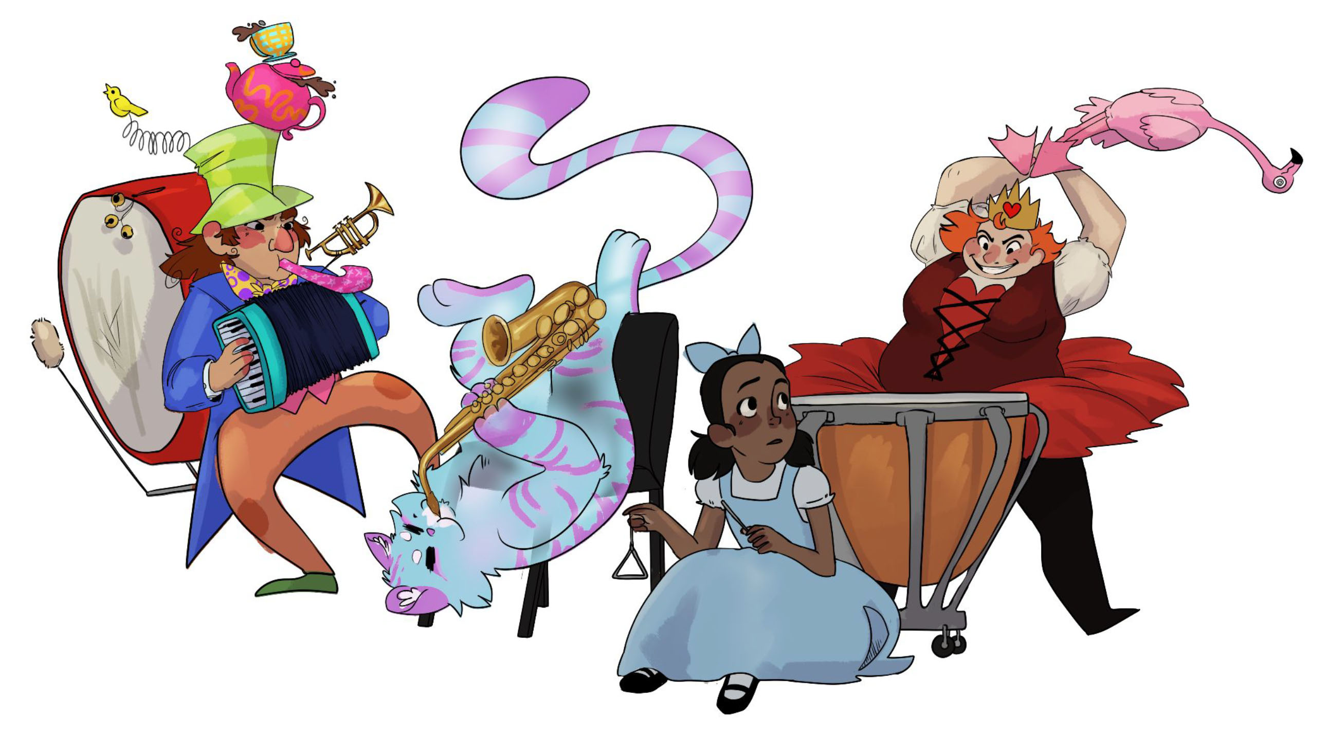 An illustration of Alice in Wonderland characters playing instruments.
