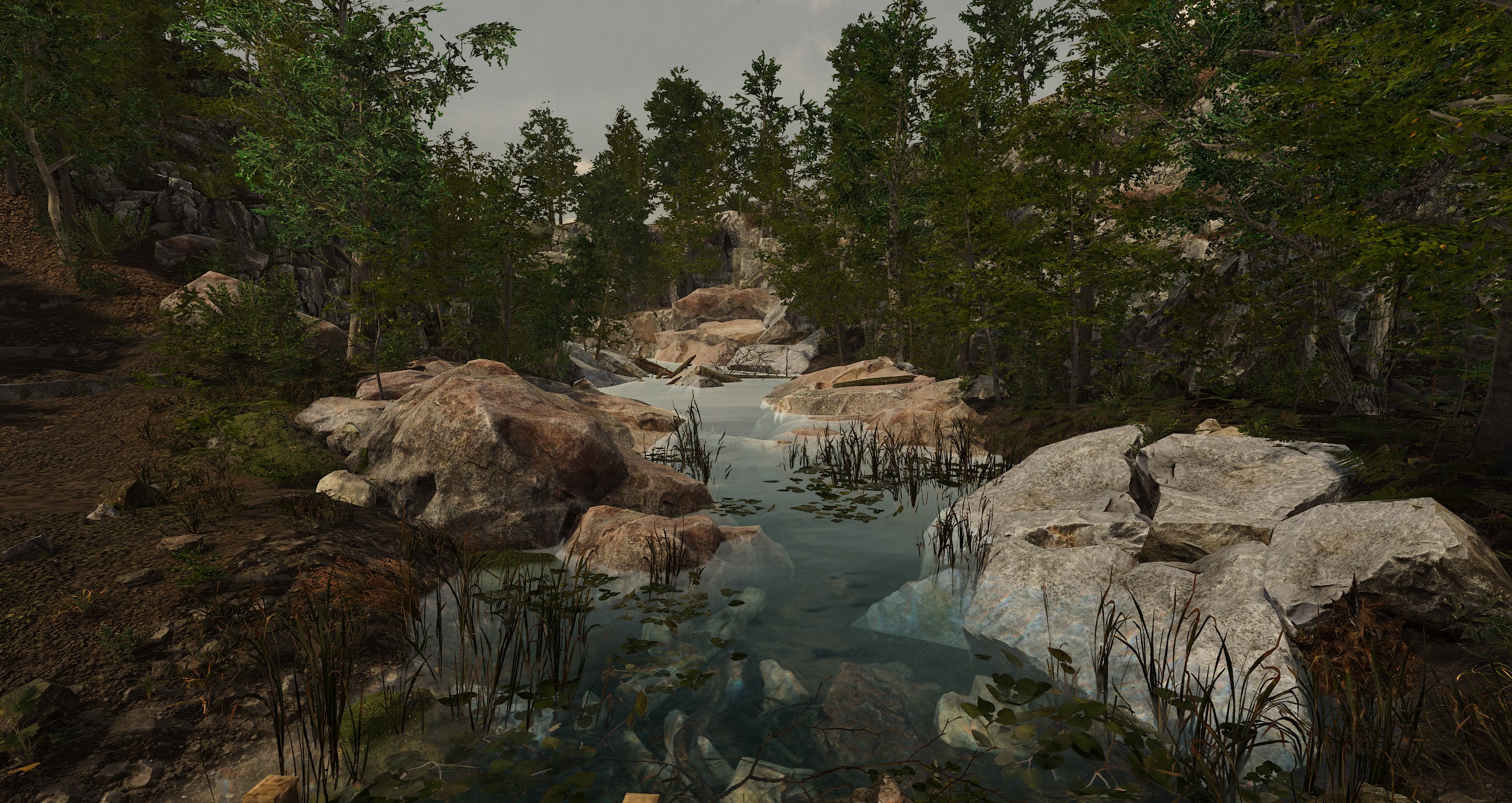 An animated scene with trees and rocks surrounding a creek.