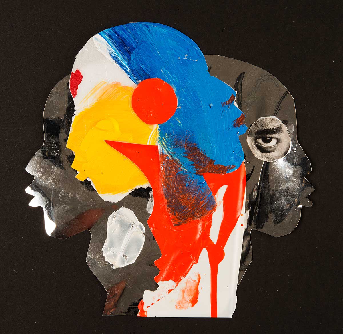 A painting collage of three faces.