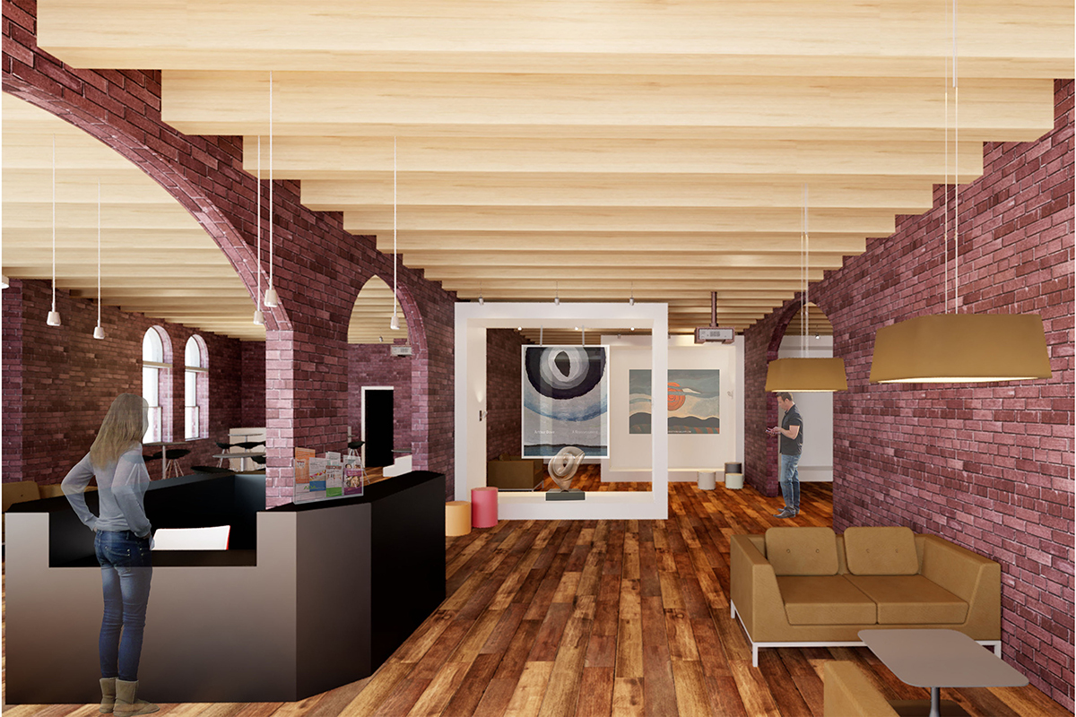 A rendering of a gallery as well as an information desk, all within brick architecture.