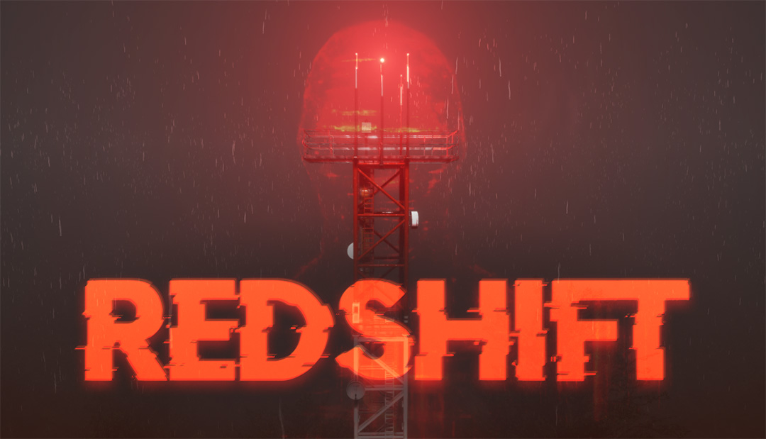 game logo, consisting of REDSHIFT in red all caps with radio tower in the background