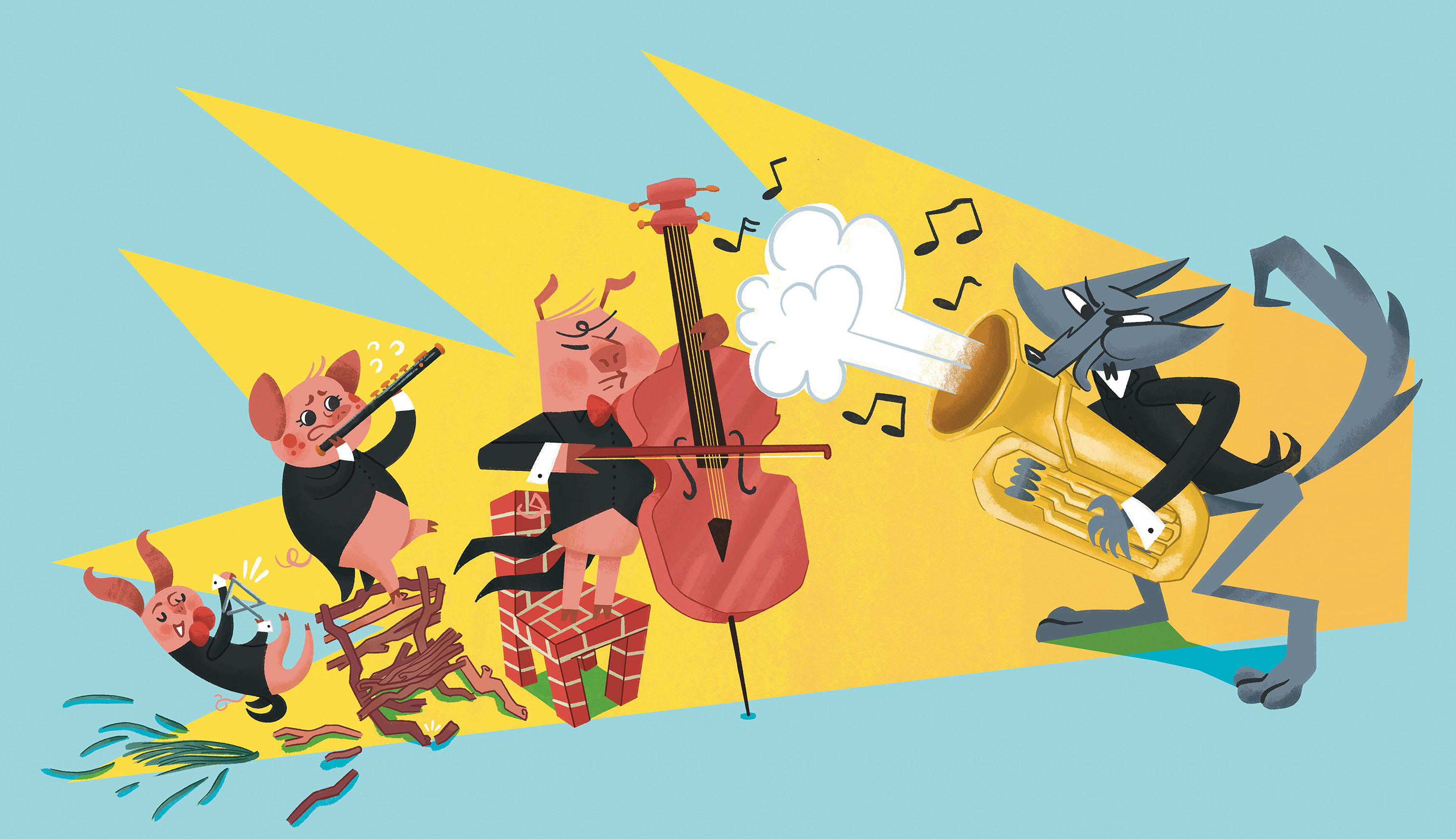An illustration of the Big Bad Wolf and the Three Little Pigs playing instruments.