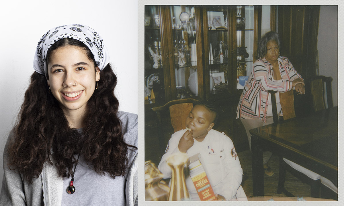 side-by-side images of a student photographer and a photo of a person standing in a dining room and another person sitting down eating chips.