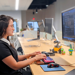 Melissa Royo working on a computer