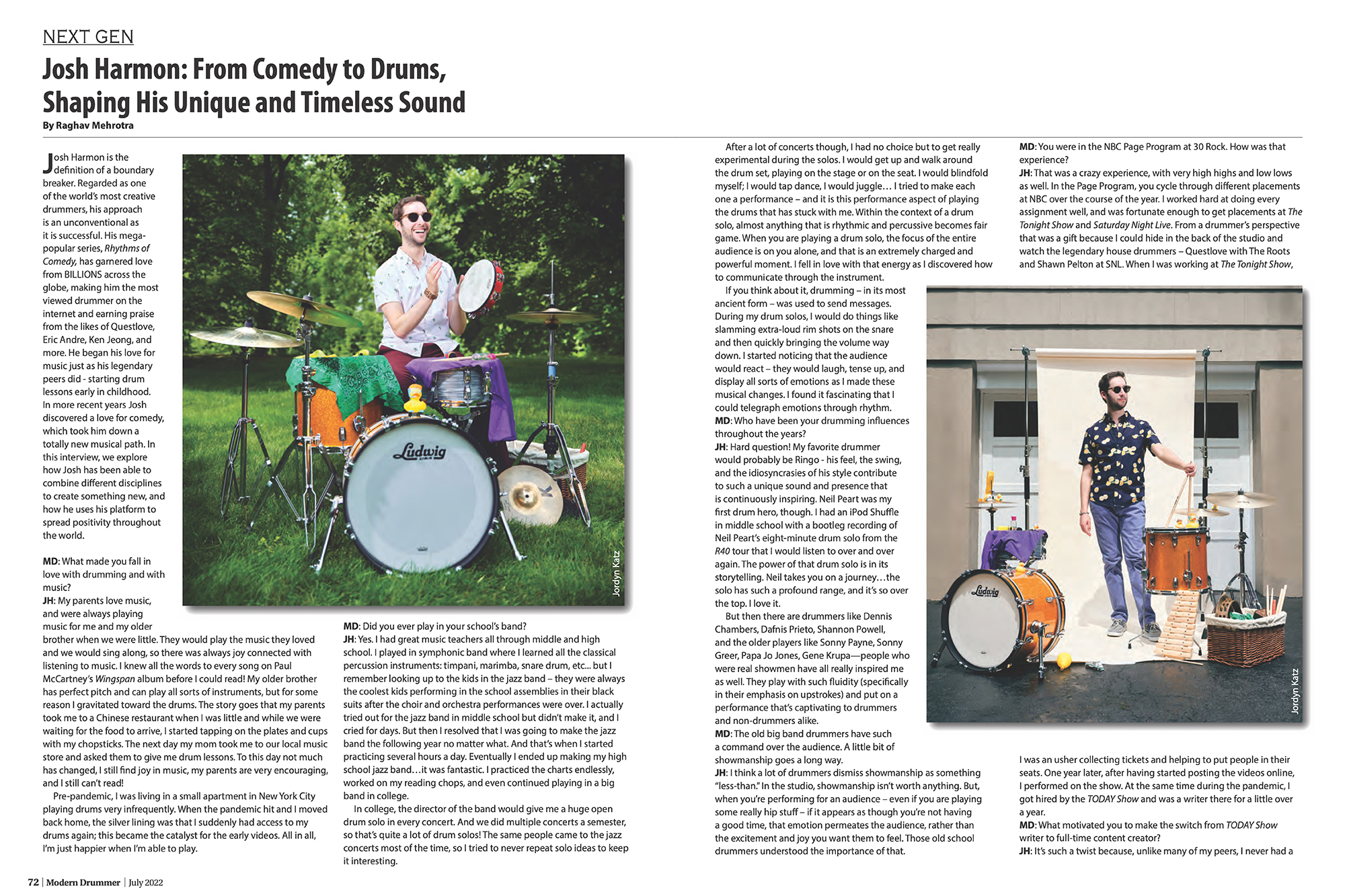 A magazine spread of a feature on drummer Josh Harmon.