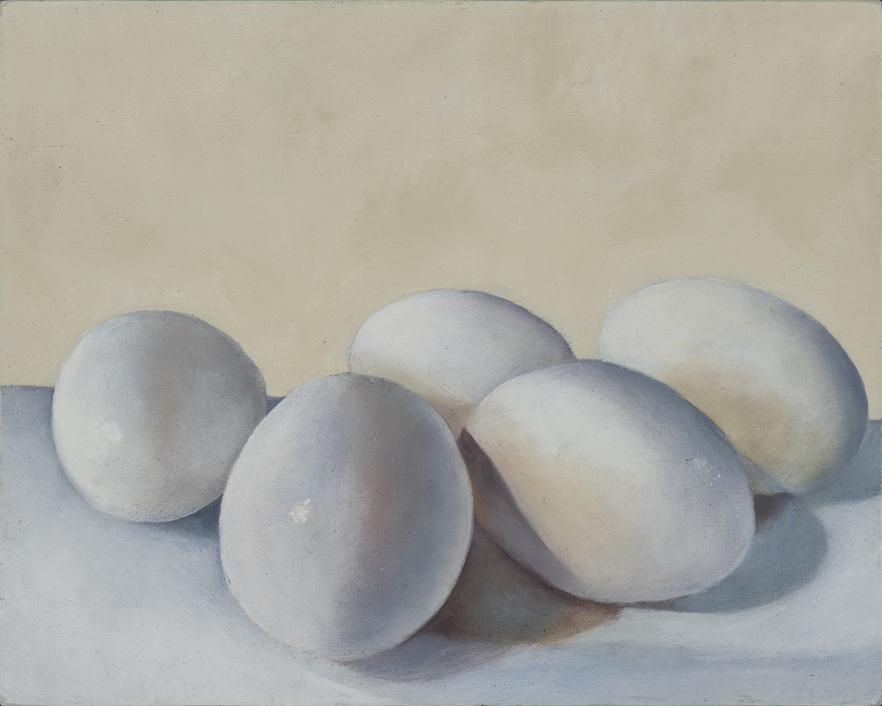 A painting of eggs sitting on a counter.