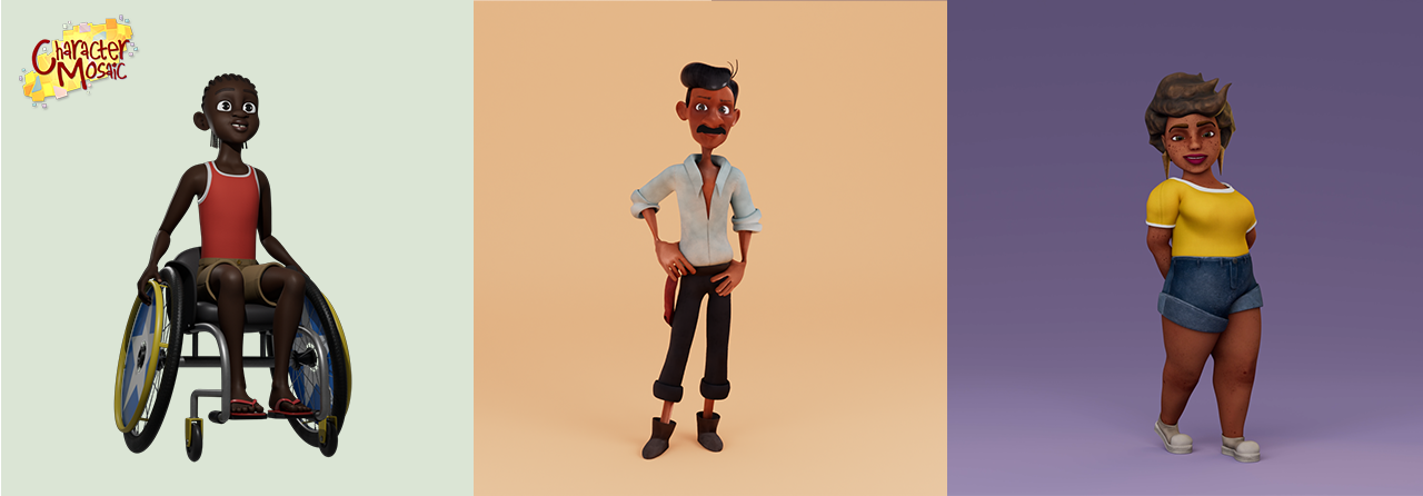 A triptych of 3D characters.