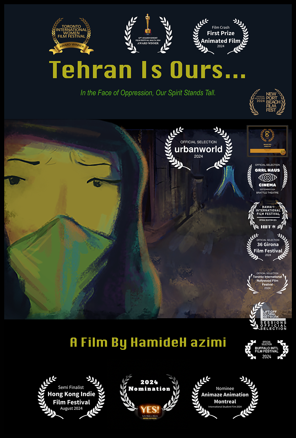 A movie poster for Tehran is Ours with laurels on it.
