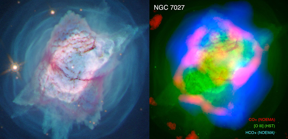 side-by-side images of the Jewel Bug Nebula using different colors to highlight different areas.