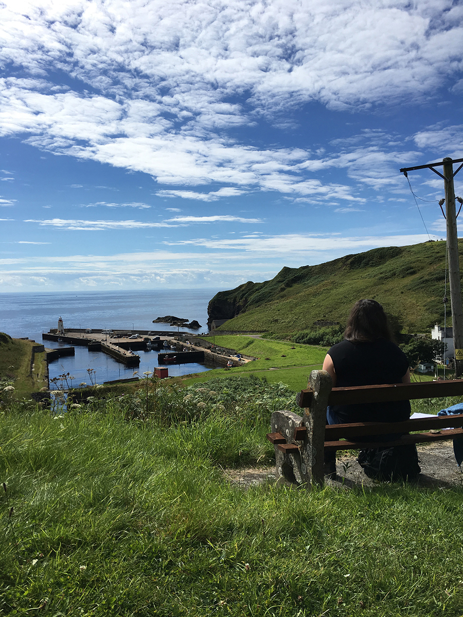 Person sitting on bech overlooking lush green fields and the sea