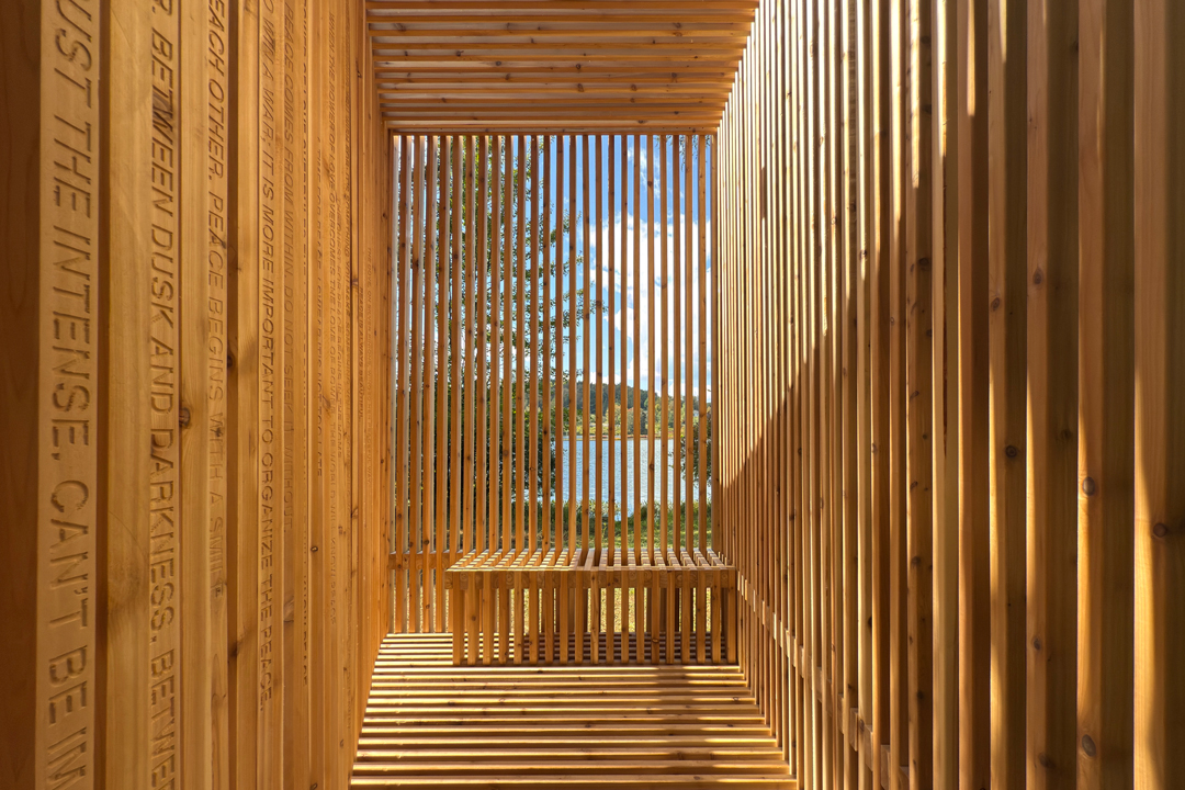 An inside view of a wooden structure.