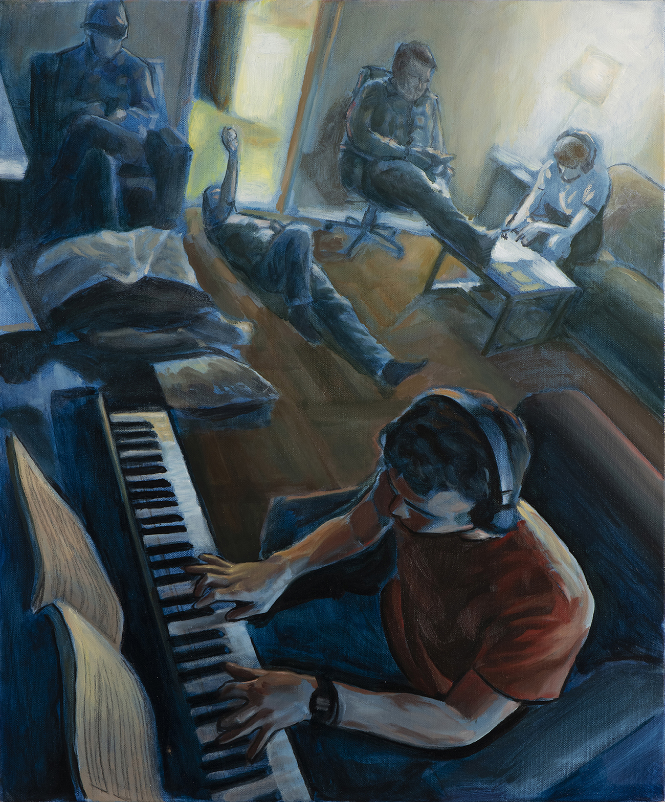 A painting of a group of people hanging out in a room, doing separate activities like playing piano.