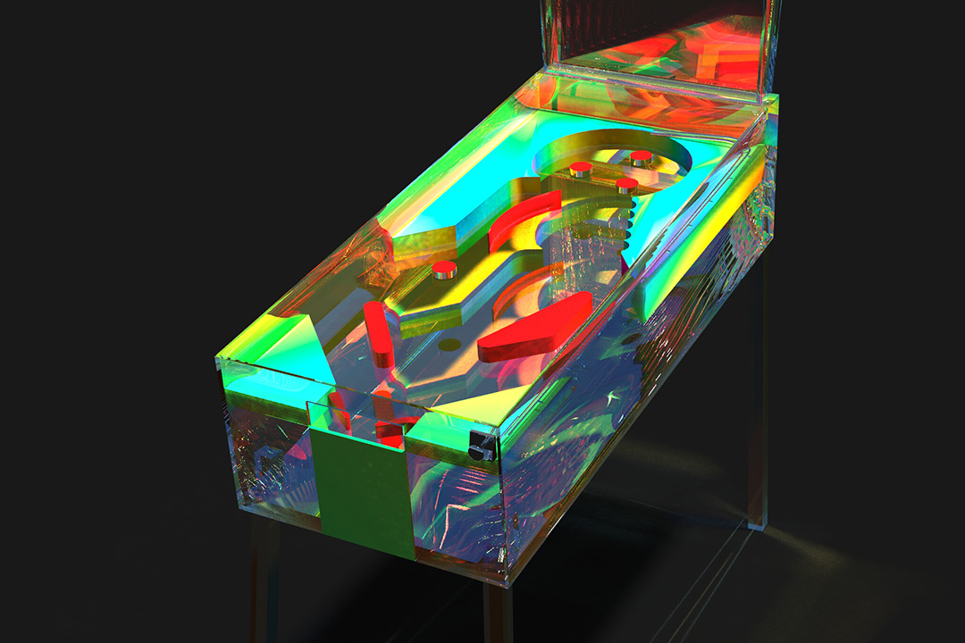A conceptual drawing of a stand-up pinball game. The background is entirely black, and the pinball machine is a mix of vibrant colors like red, blue, green, and yellow. 