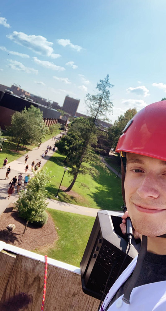 view of the Quarter Mile on the RIT campus from atop a telephone pole.