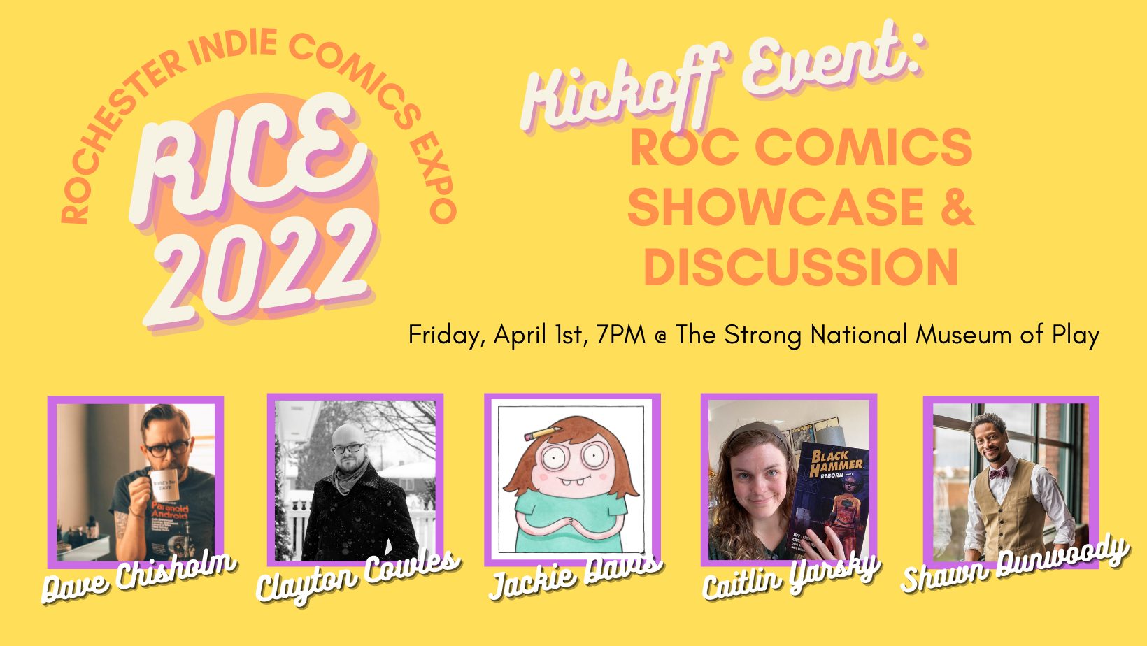 A graphic with headshots of panelists for the ROC Comics Showcase & Discussion event.