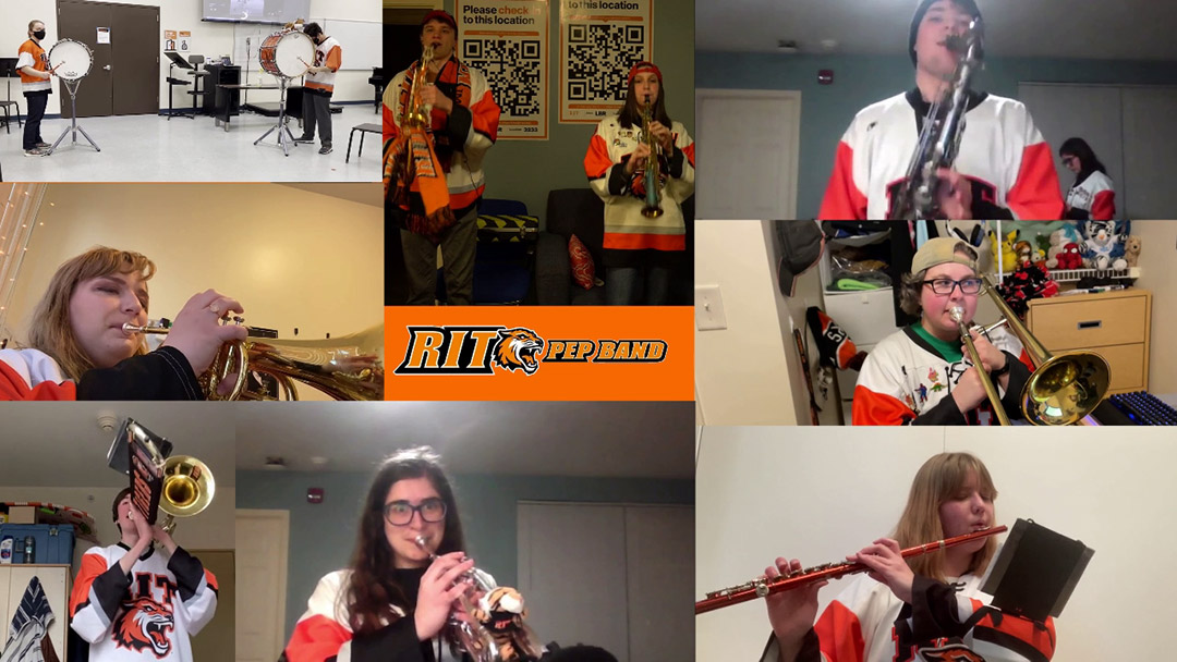 collage of photos of students performing in a pep band.