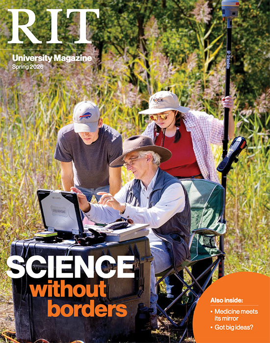 RIT University Magazine Spring 2026 cover. Science without borders. Three people look at a computer holding sensing equipment while standing in a grassy field.