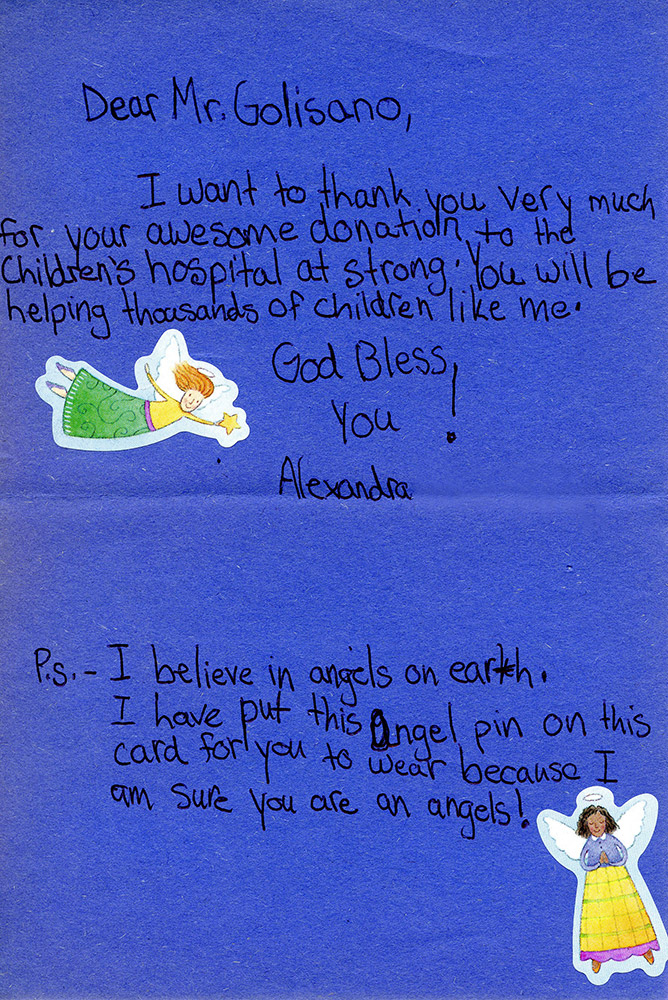 handwritten note thanking Tom Golisano for a donation to Strong Children's Hospital.