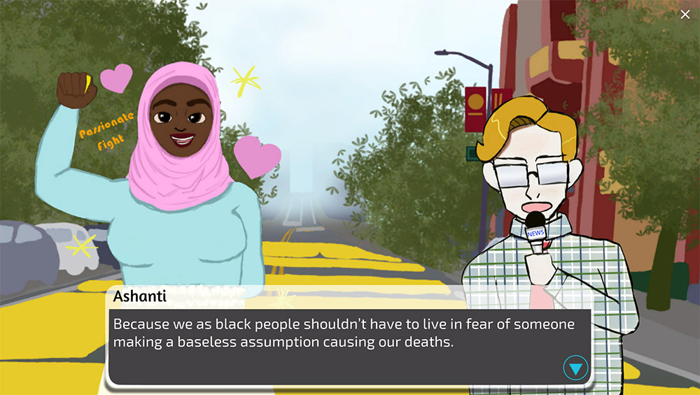 screenshot of video game where a woman of color is talking to a white, male news reporter.