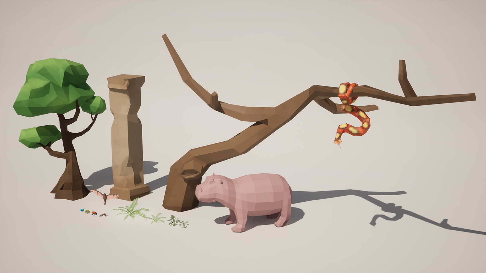 Game assets, including a hippo and trees.