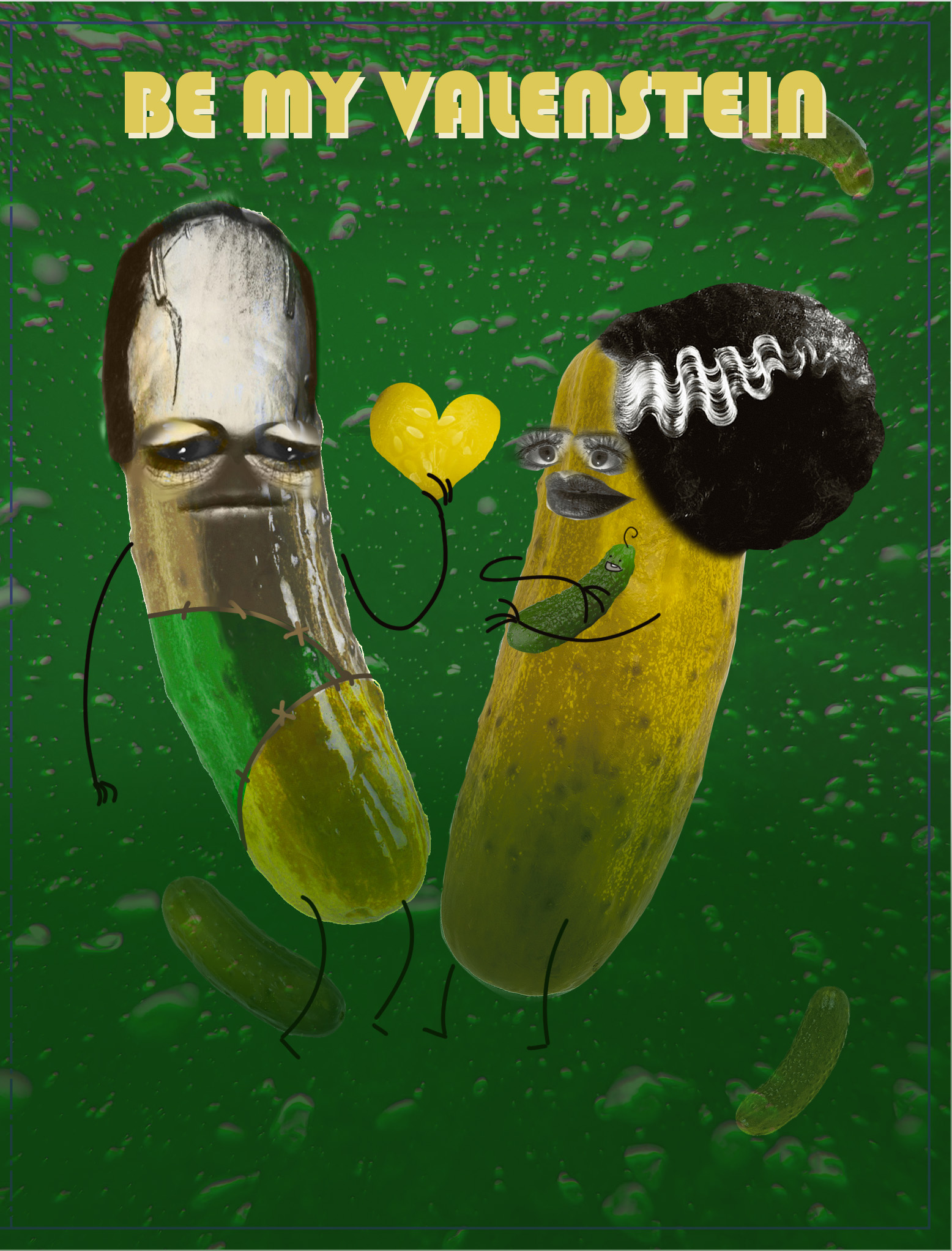 A humorous greeting card of a pickle version of Frankenstein and the Bride of Frankenstein.