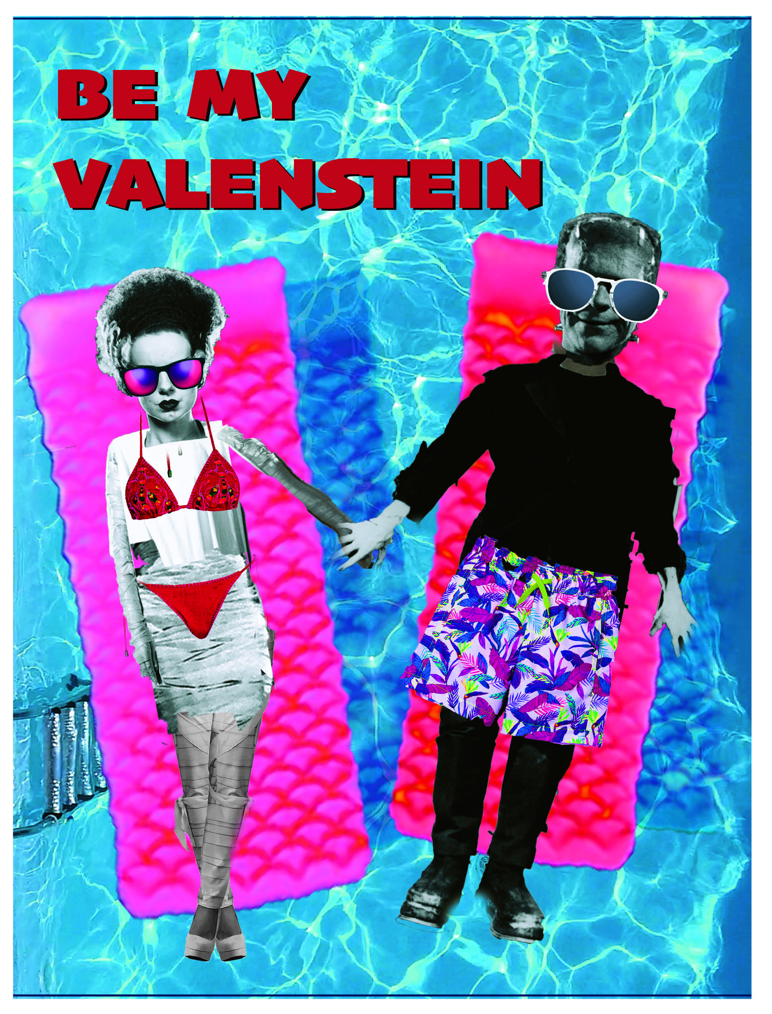 A greeting card of Frankenstein and the Bride of Frankenstein on pool rafts.