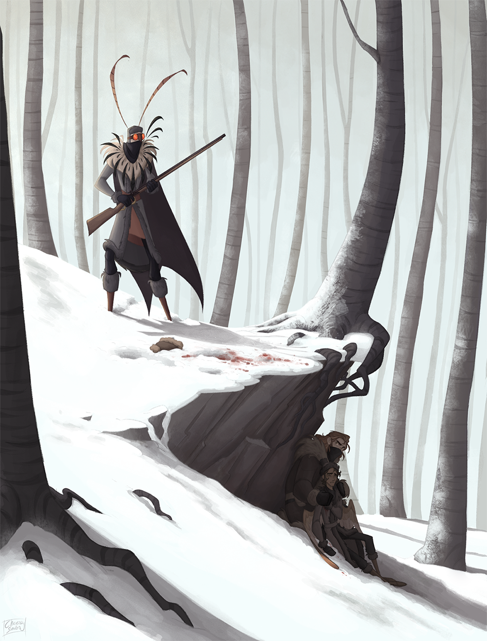 An illustration of a character in the snow, standing next to trees.