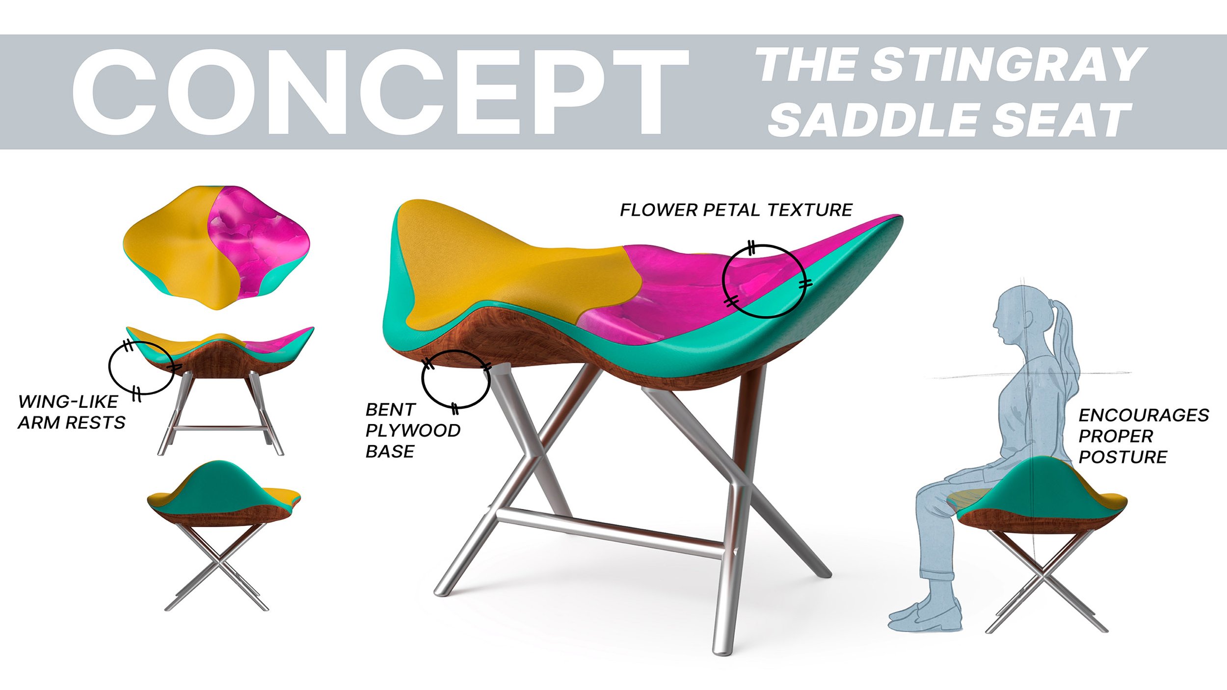 A graphic with renderings of a colorful chair.