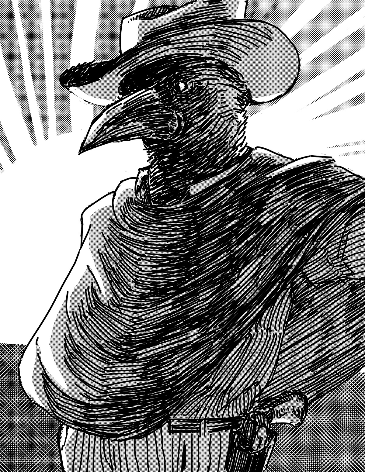 A black and white illustration of a bird with a hat and a gun in a holster.
