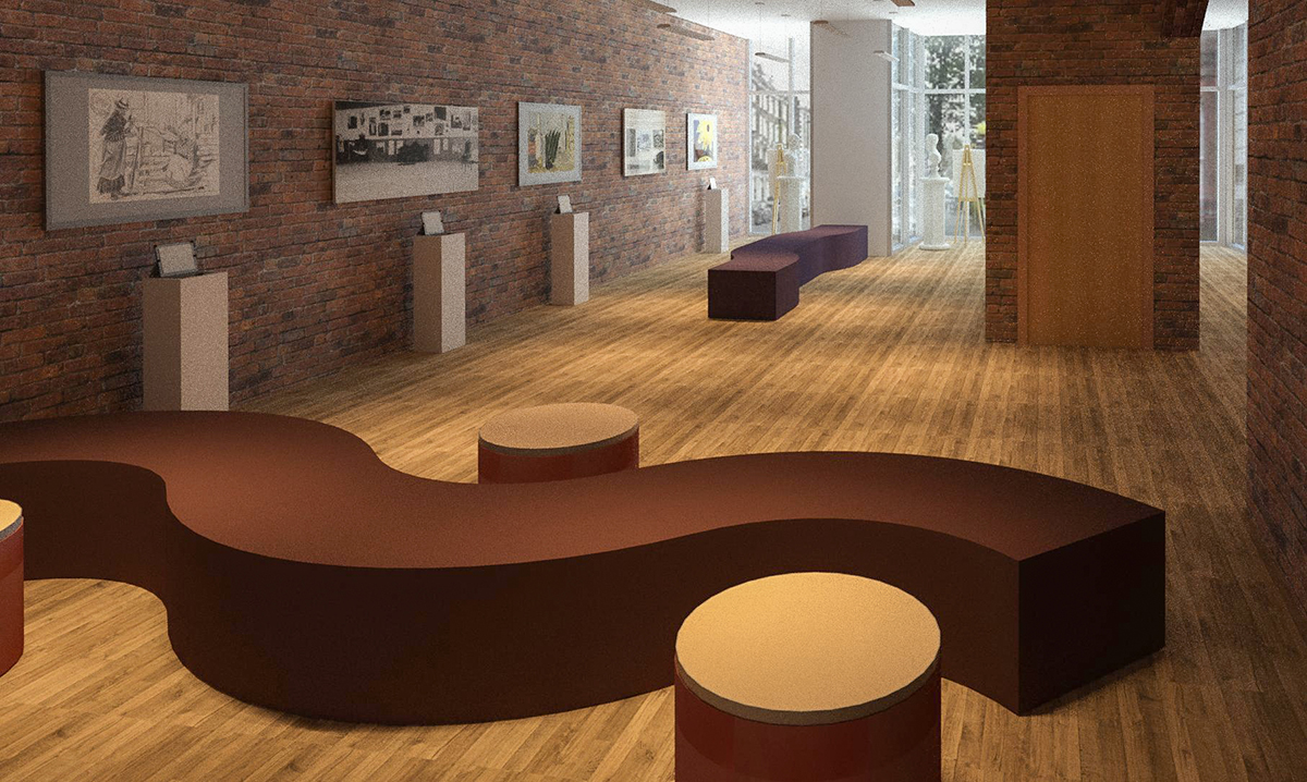 A rendering of a gallery space with brown-shaded furniture.