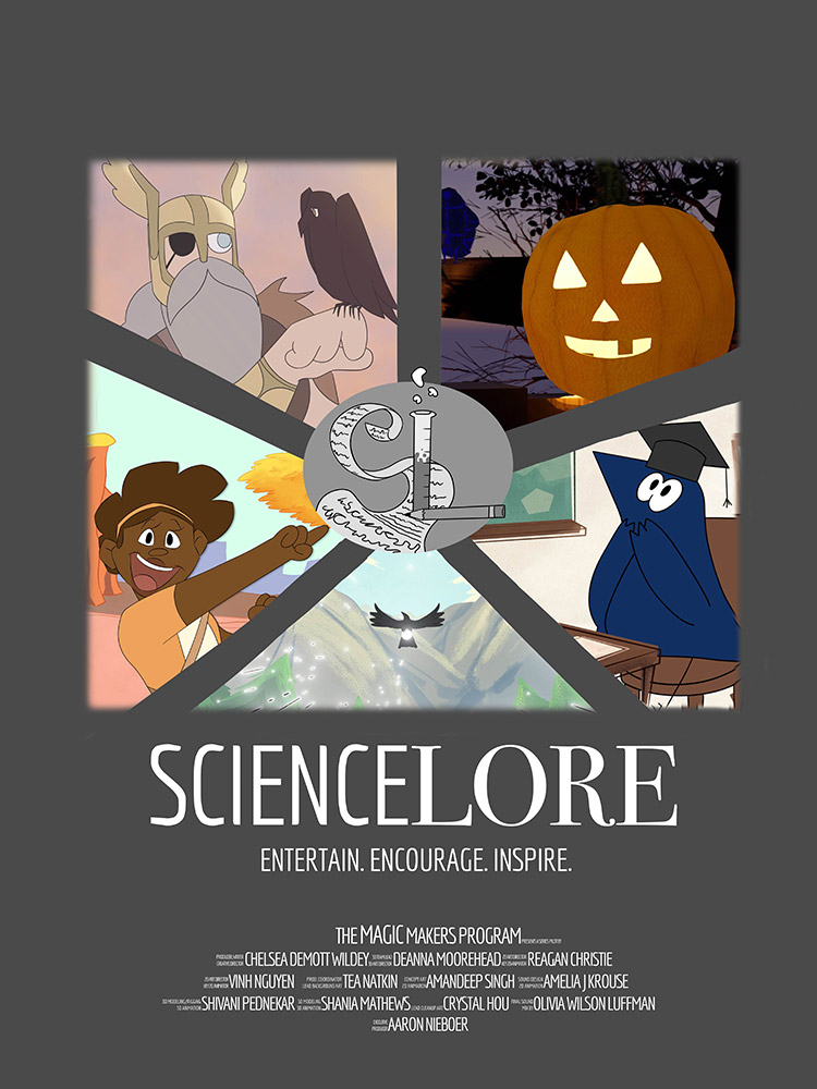 a movie poster for Science Lore with five scene from an episode, including a Norse god holding a raven, a jack o lantern, a cartoon raven in school, a raven flying, and a girl pointing.