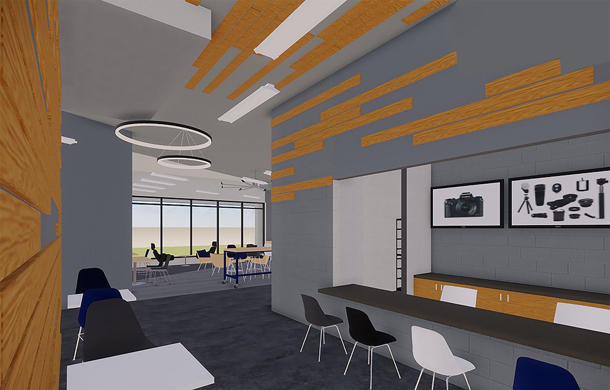 A rendering of the photo cage and part of a new student lounge.