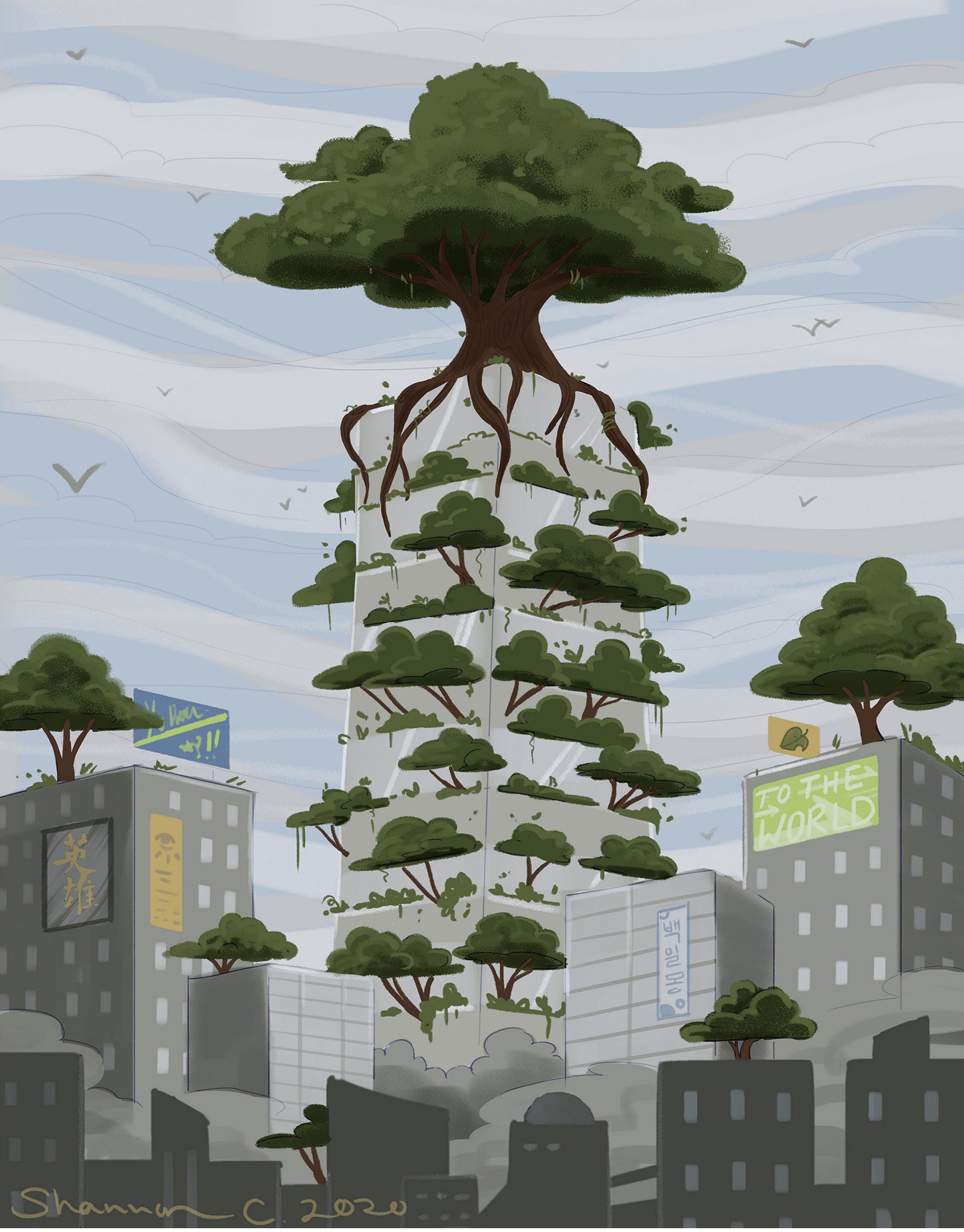 A cityscape with trees growing on buildings.
