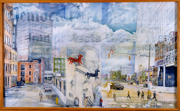 A Luvon Sheppard watercolor painting of downtown Rochester.