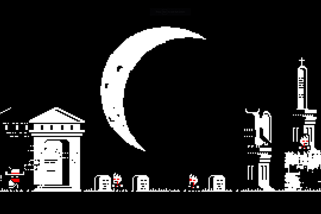 screesnhot of black, white, and red video game with characters in a cemetery.