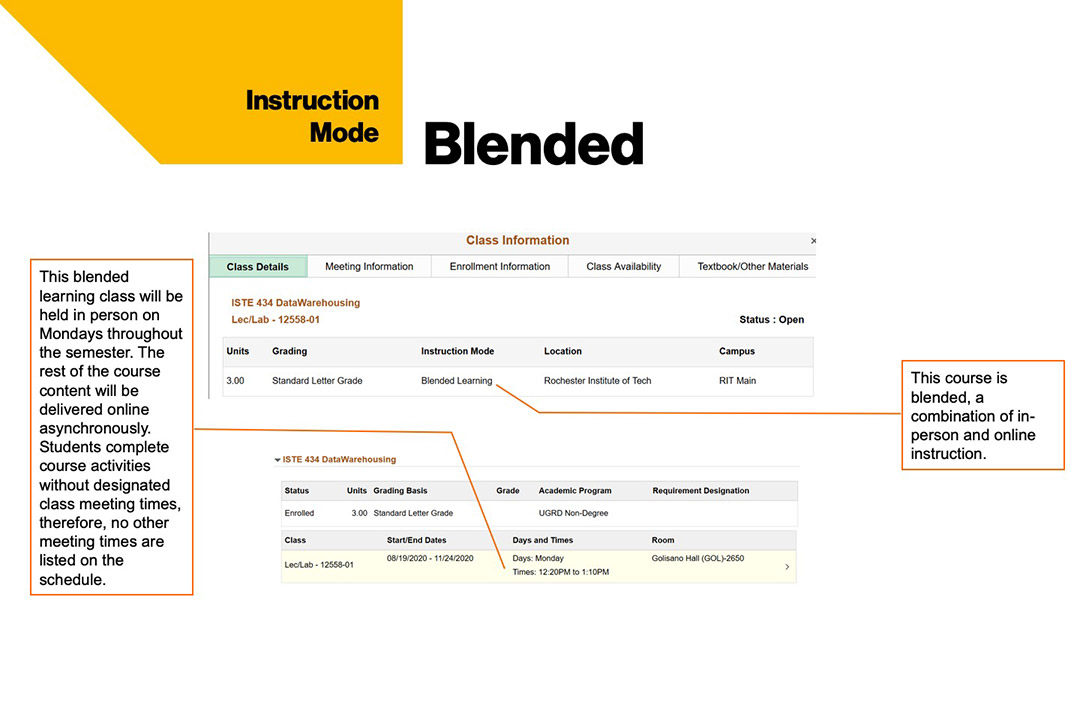 sample course schedule that shows blended instruction mode at RIT.