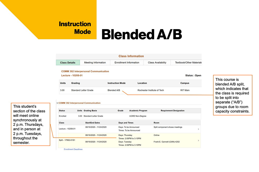 sample course schedule that shows blended A/B instruction mode at RIT.