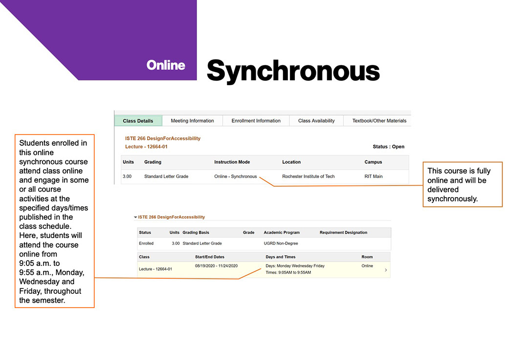 sample course schedule that shows synchronous instruction mode at RIT.