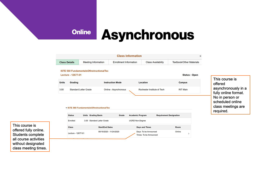 sample course schedule that shows asynchronous instruction mode at RIT.