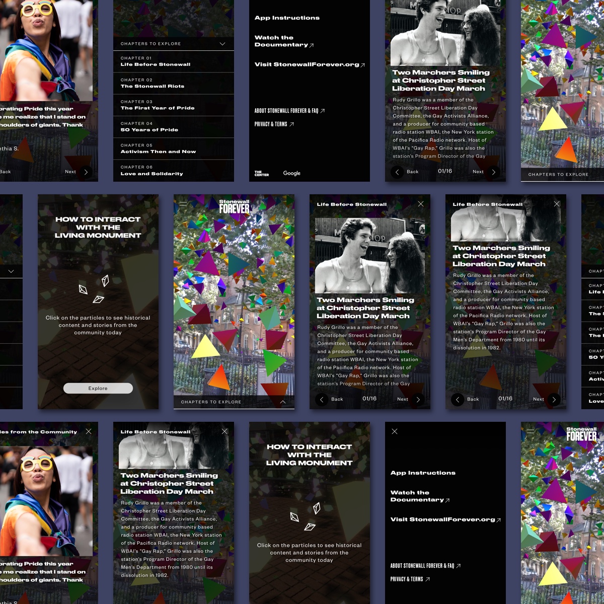 A multiple-screen view of the Stonewall Forever app. This is one example of Liz's design for good.