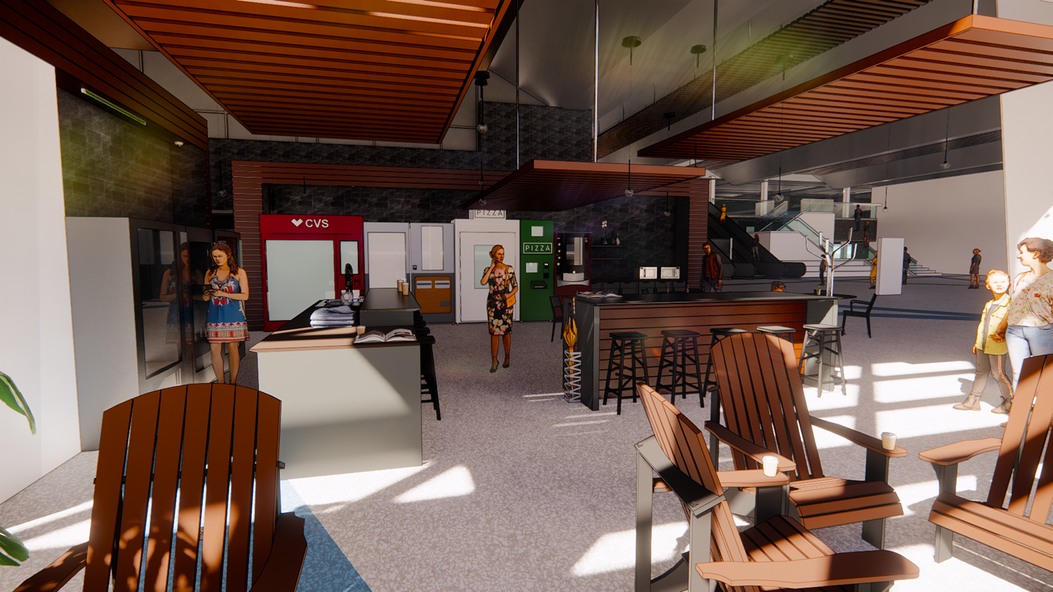 A rendering of a pre-security food and beverage space.