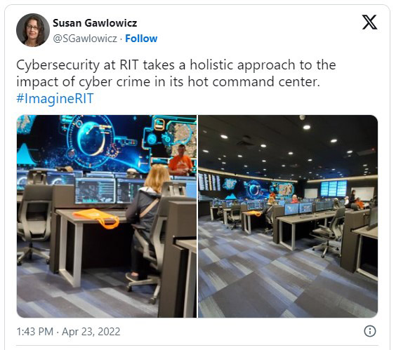 Tweet from Susan Gawlowicz on April 23, 20 22, with twos photo of a computer lab and the text, Cybersecurity at R I T takes a holistic approach to the impact of cyber crime in its hot command center.