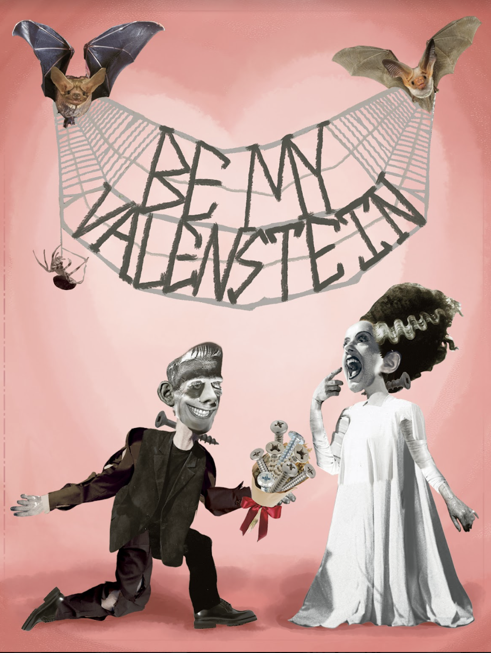  A greeting card of Frankenstein handing a bouquet of screws to his bride.