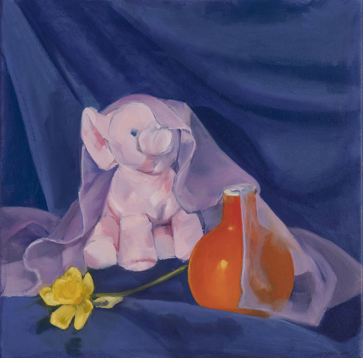 A still life painting of an elephant stuffed animation next to a flower and a vase.