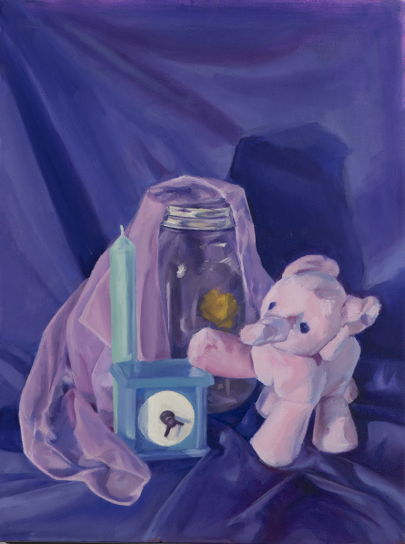 A still life painting of a stuffed animal elephant and other objects.
